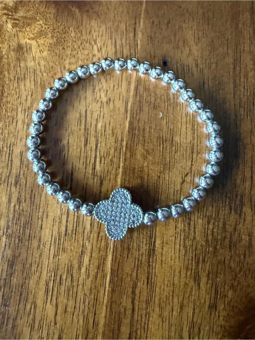 Silver Beaded Clover Charm Stretch Bracelet
